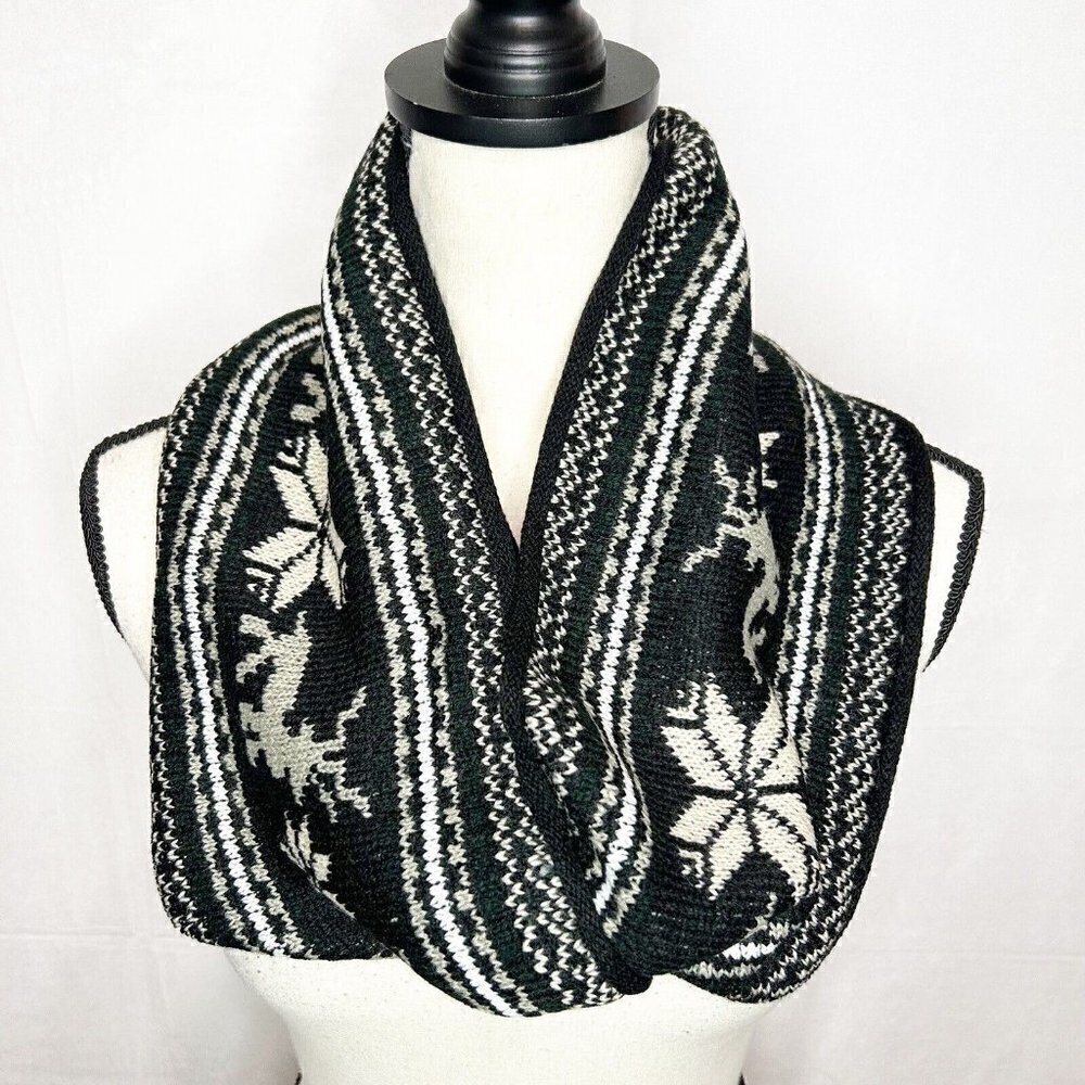 Black Winter Infinity Scarf Reindeer Snowflakes Cable Knit